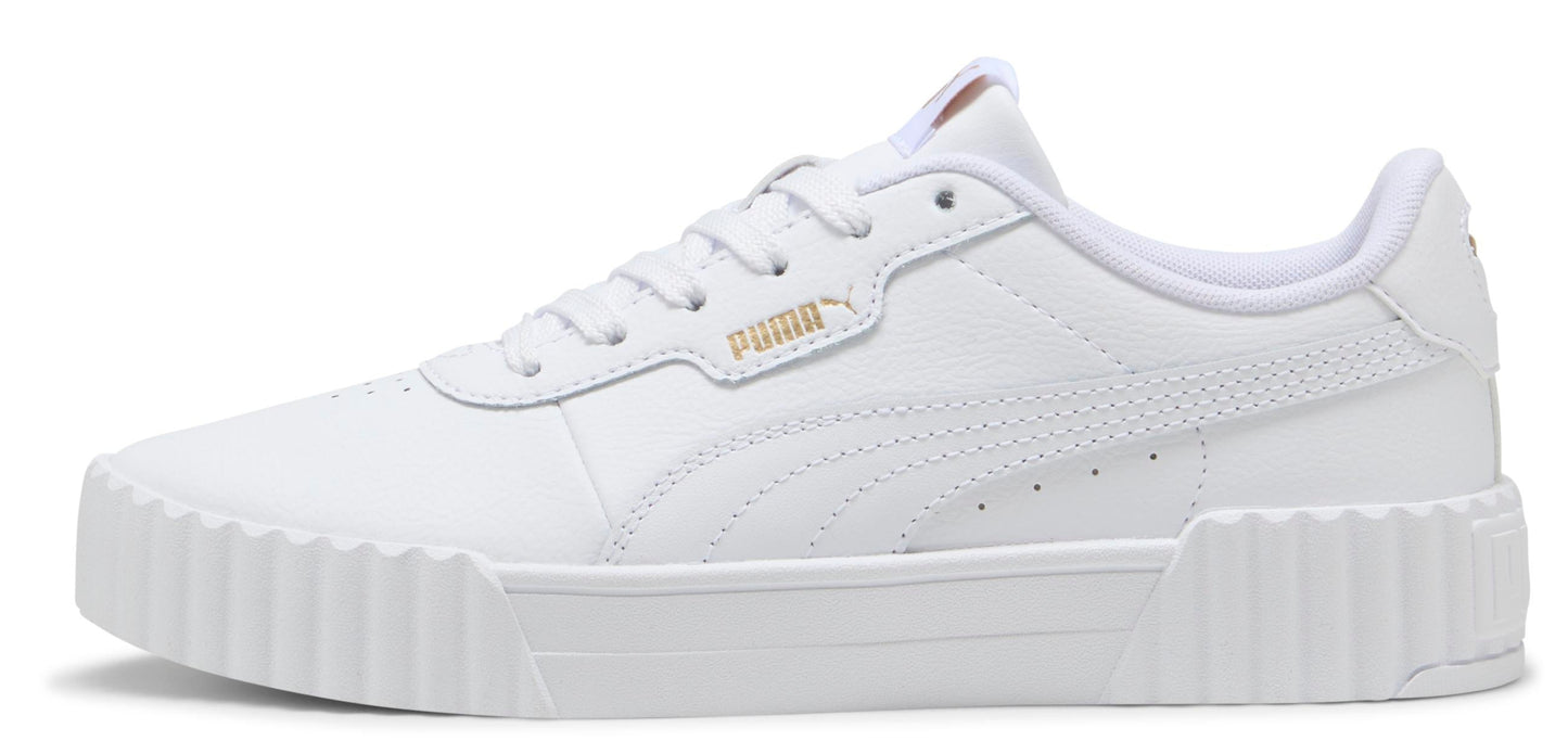 A low-profile white sneaker with a platform sole and PUMA logo.