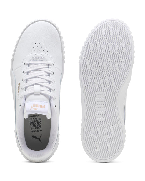 Top-down shot of white sneakers, laces, and sole design visible.