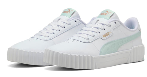 Pair of low-top white sneakers with mint green stripe and logo.