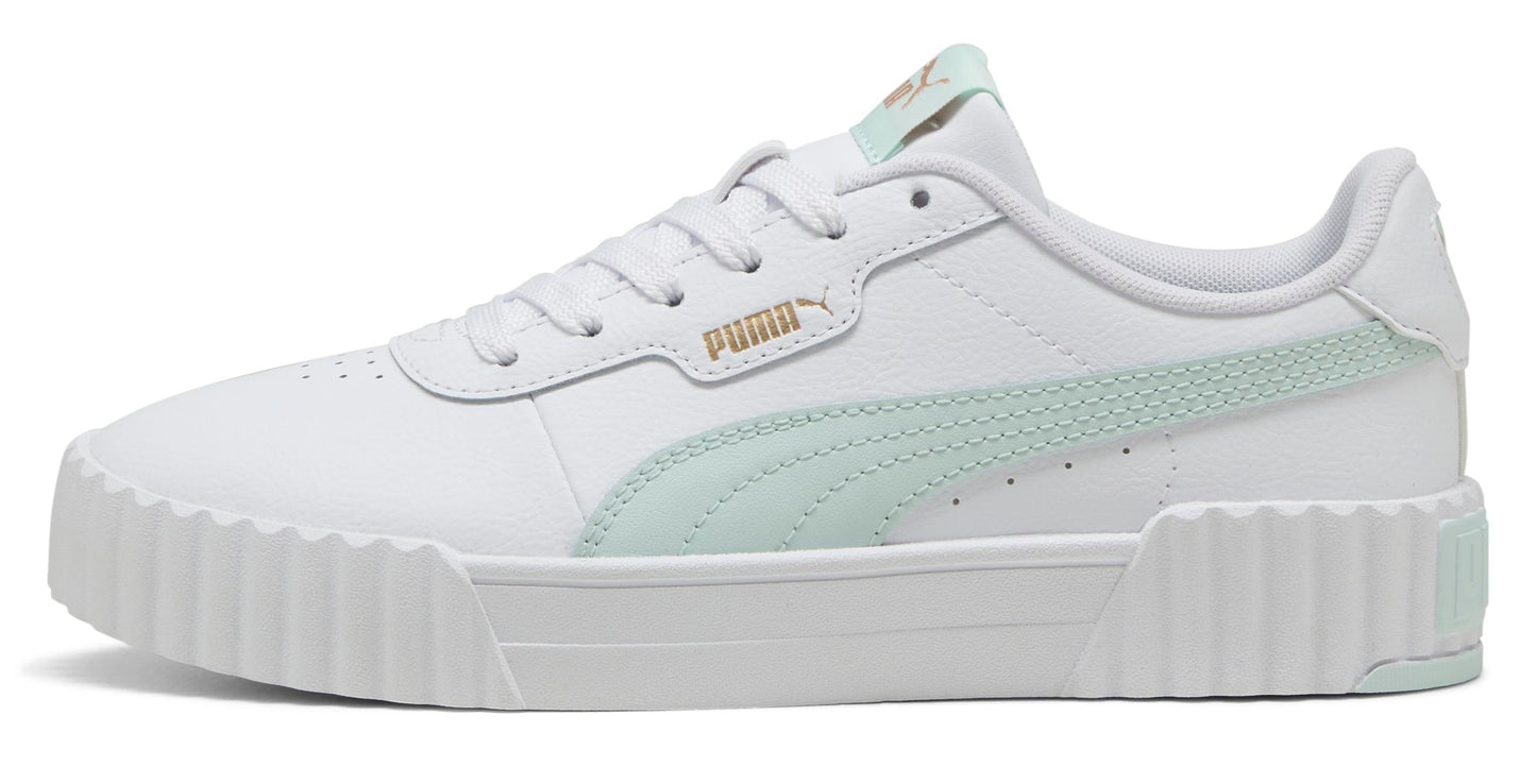 White low-top sneaker with mint green stripe and gold branding.
