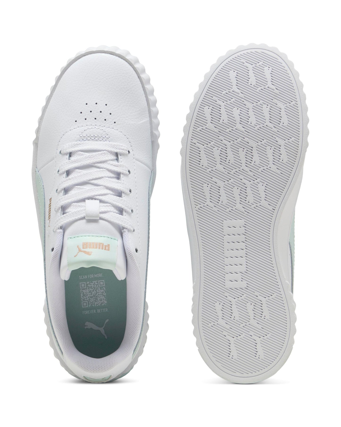 Pair of white sneakers, top and sole view, tongue label says PUMA.
