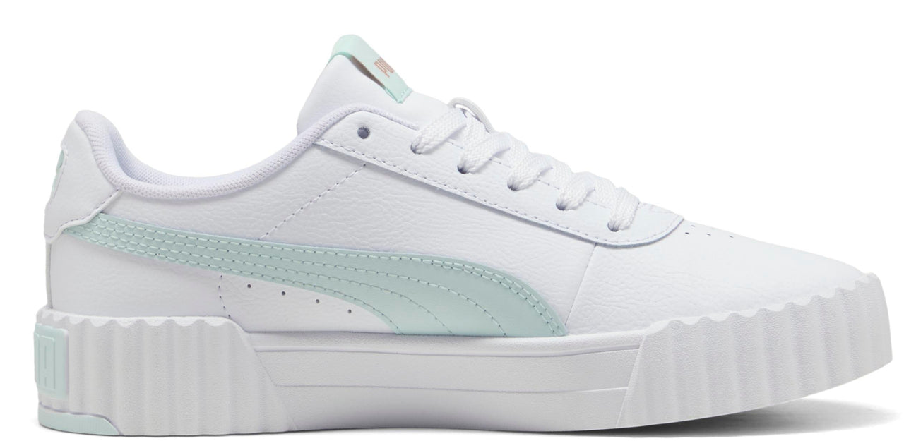 A white leather shoe with a light teal stripe on the side and a white platform sole.