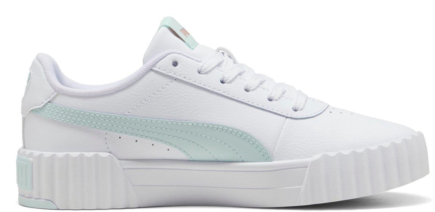 A white leather shoe with a light teal stripe on the side and a white platform sole.