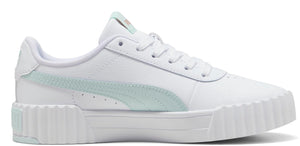 A white leather shoe with a light teal stripe on the side and a white platform sole.