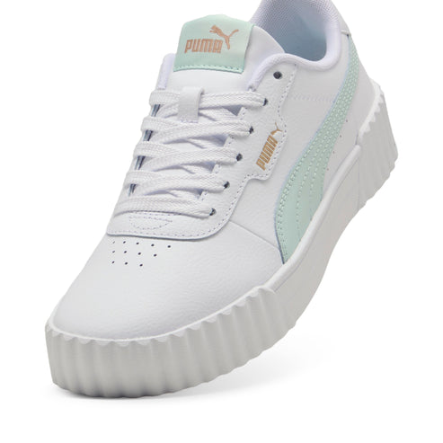 White sneaker with platform sole, light green accents, and light green "puma" logo.