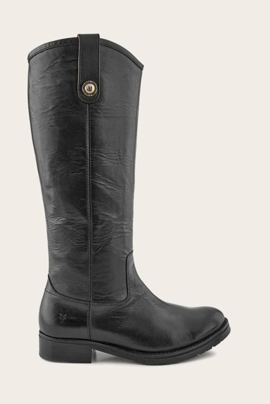 Black leather riding boot with a button at the top of the shaft.