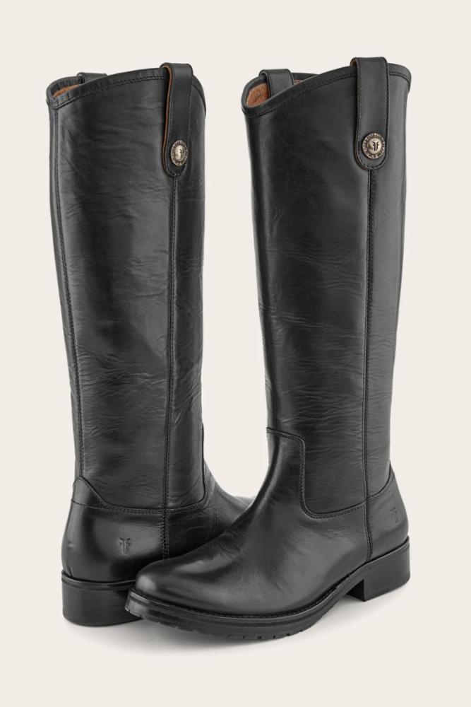 A pair of knee-high black leather riding boots.