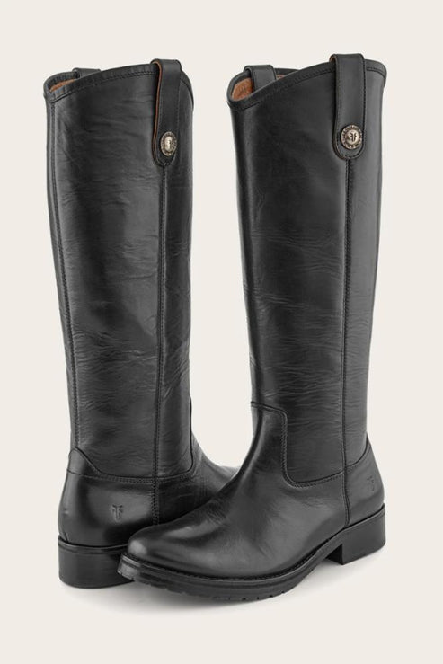 A pair of knee-high black leather riding boots.