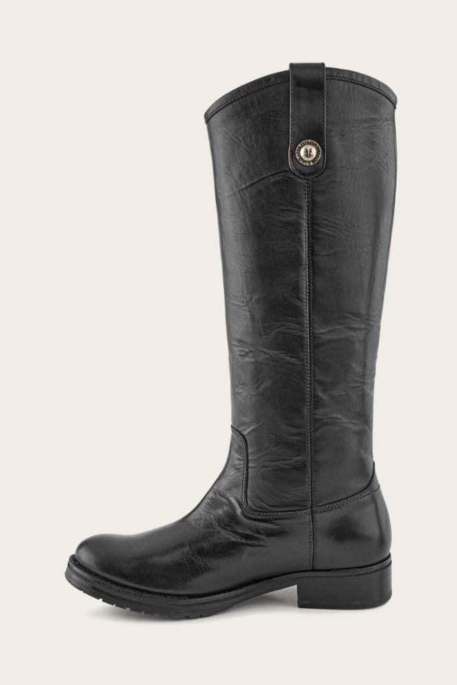 Tall, black, knee-high leather riding boot with a round toe and a low stacked heel.