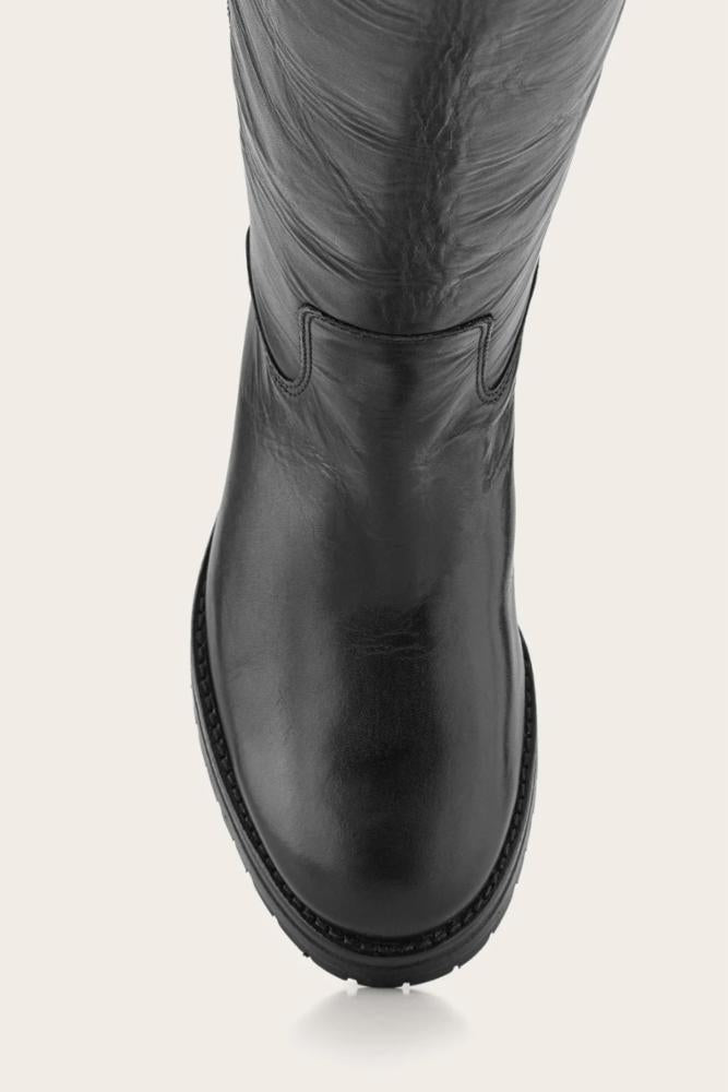 Black leather knee-high riding boot, top-down view.
