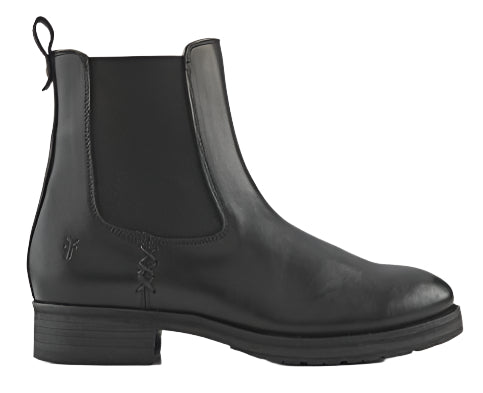 Black leather Chelsea boot with a low heel and elastic side panels.