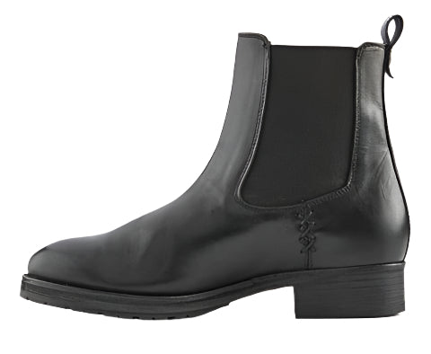 Black leather ankle-high Chelsea boot with a low heel.
