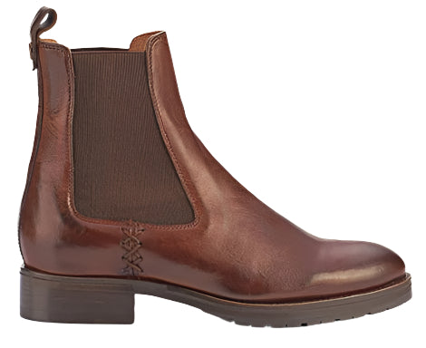 Brown, leather Chelsea boot with elastic side panels and a short heel.