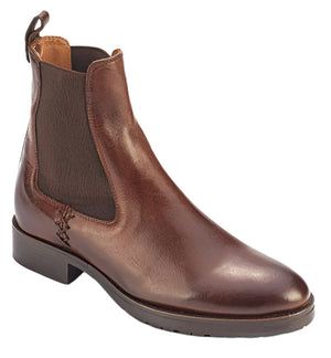 A brown leather ankle boot with elastic side panels and a pull tab at the heel.