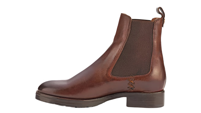 Brown leather Chelsea boot with elastic side panels and a low heel.
