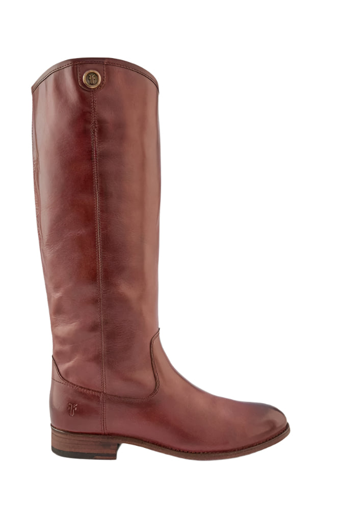 Knee-high leather riding boot, reddish brown.