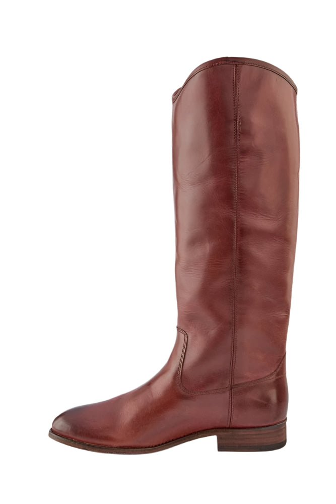 Tall, knee-high, brown leather boot.