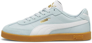 A light blue sneaker with a white stripe and a brown sole.
