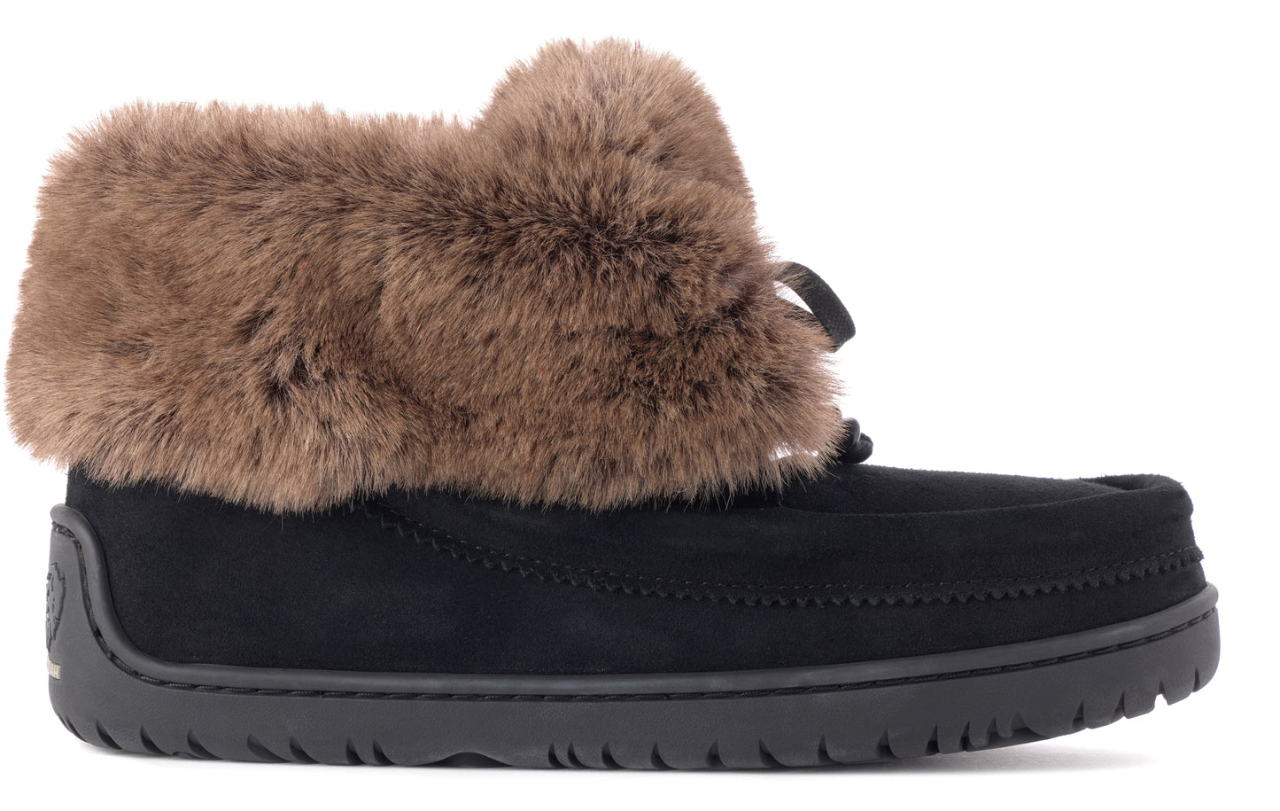 A black suede boot with brown fur trim around the ankle and black laces.