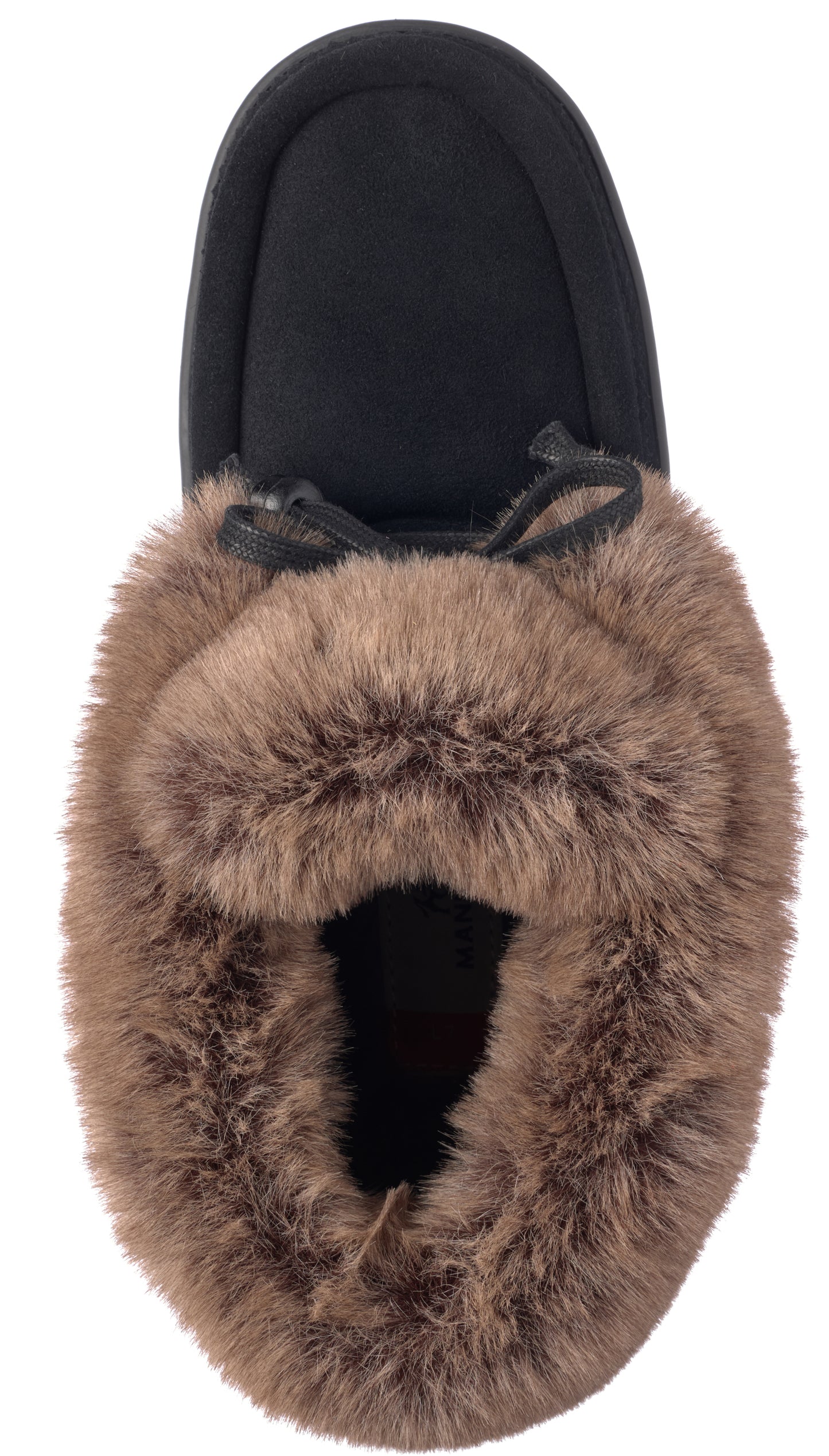 Black moccasin slipper with fur trim.