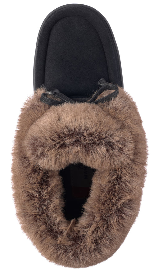 Black moccasin slipper with fur trim.