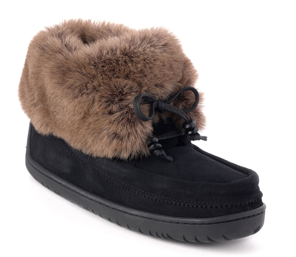 Black suede moccasin ankle boot with fur trim and black cord laces.