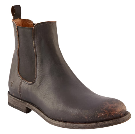 A brown leather Chelsea boot with an ankle-high shaft, elastic side panels, and a heel tab.