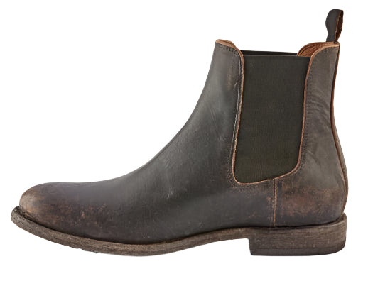 Brown leather Chelsea boot, ankle height, distressed finish.