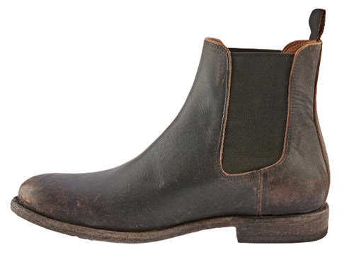 Brown leather Chelsea boot, ankle height, distressed finish.