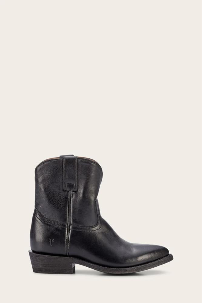 A black, leather, cowboy style boot.