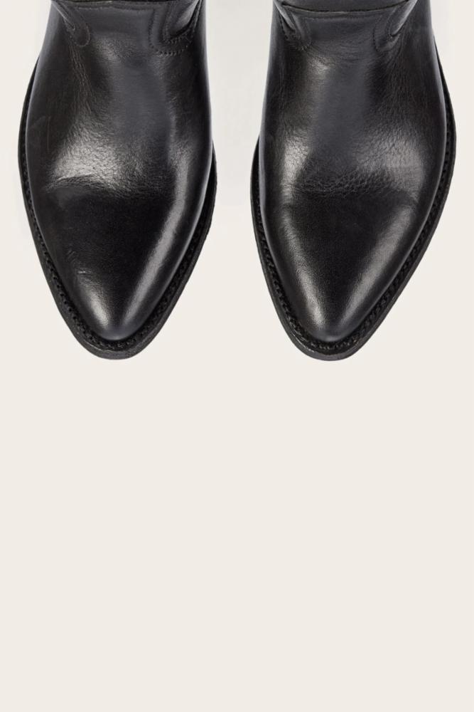 Close-up of two black leather pointed toe boots.