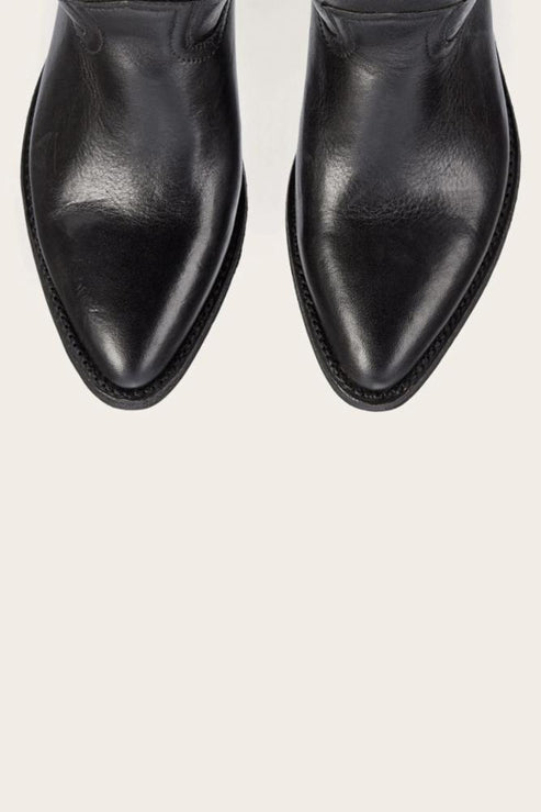 Close-up of two black leather pointed toe boots.