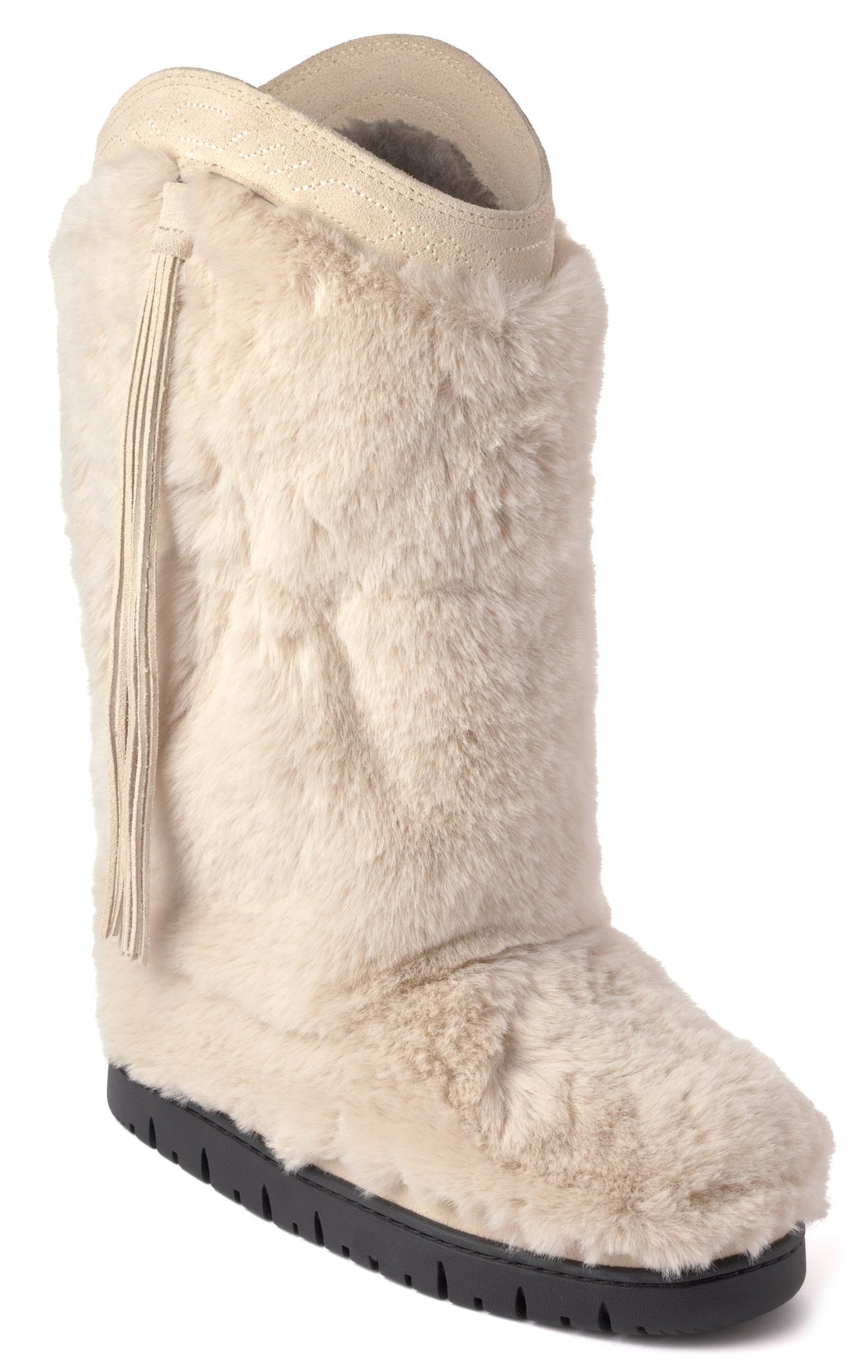 Knee-high, off-white, sheepskin boot with leather trim and fringe.