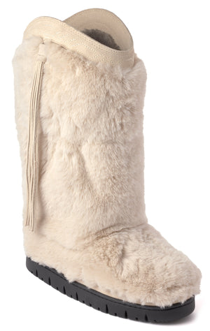 Knee-high, off-white, sheepskin boot with leather trim and fringe.