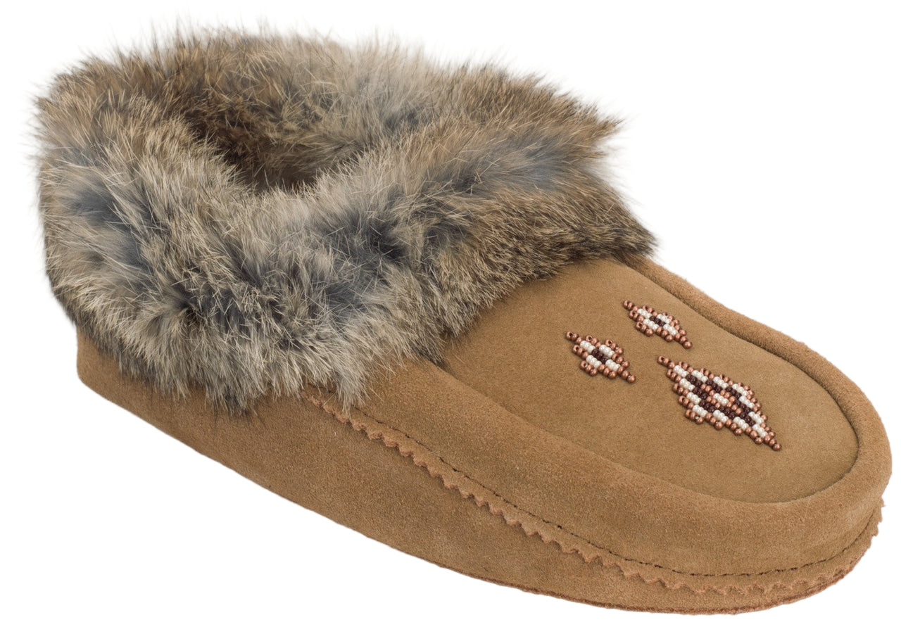 Tan moccasin slipper with fur trim and beaded designs.
