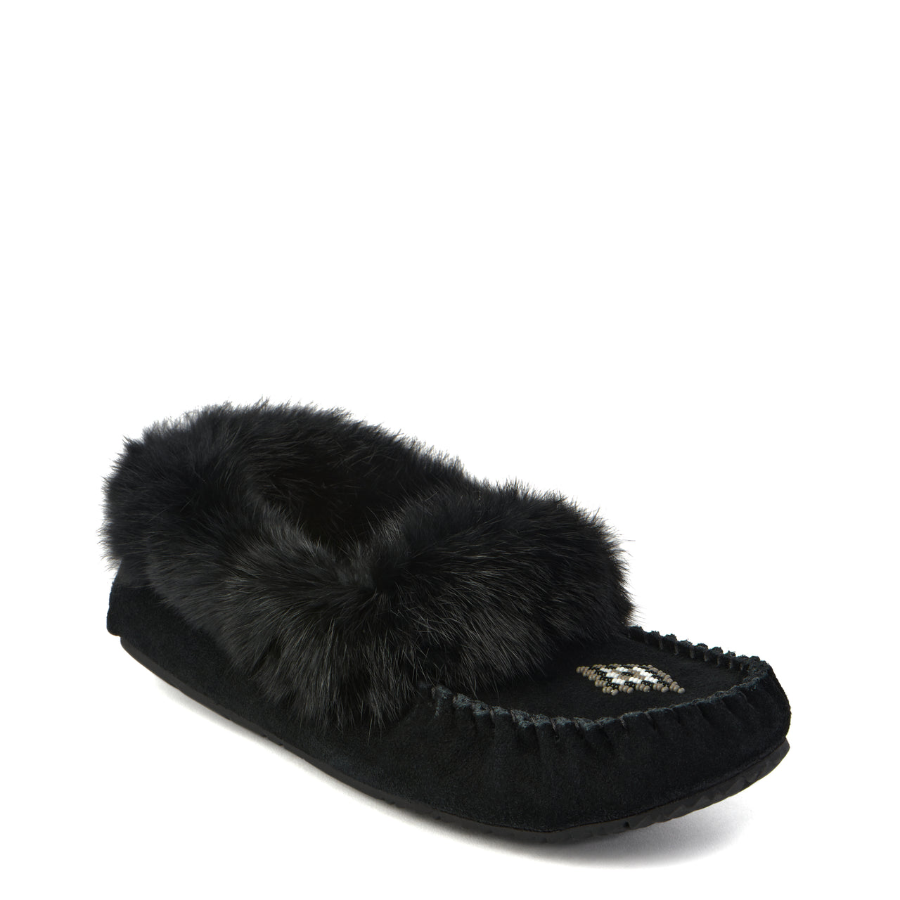 Black suede moccasin slipper with fur trim and beaded toe.