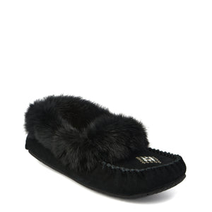 Black suede moccasin slipper with fur trim and beaded toe.