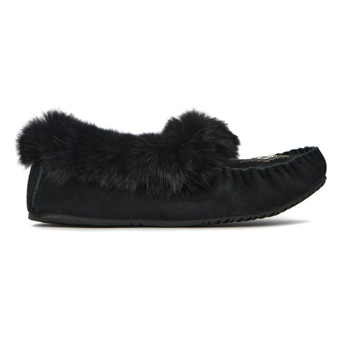 Black suede moccasin slippers with rabbit fur trim.