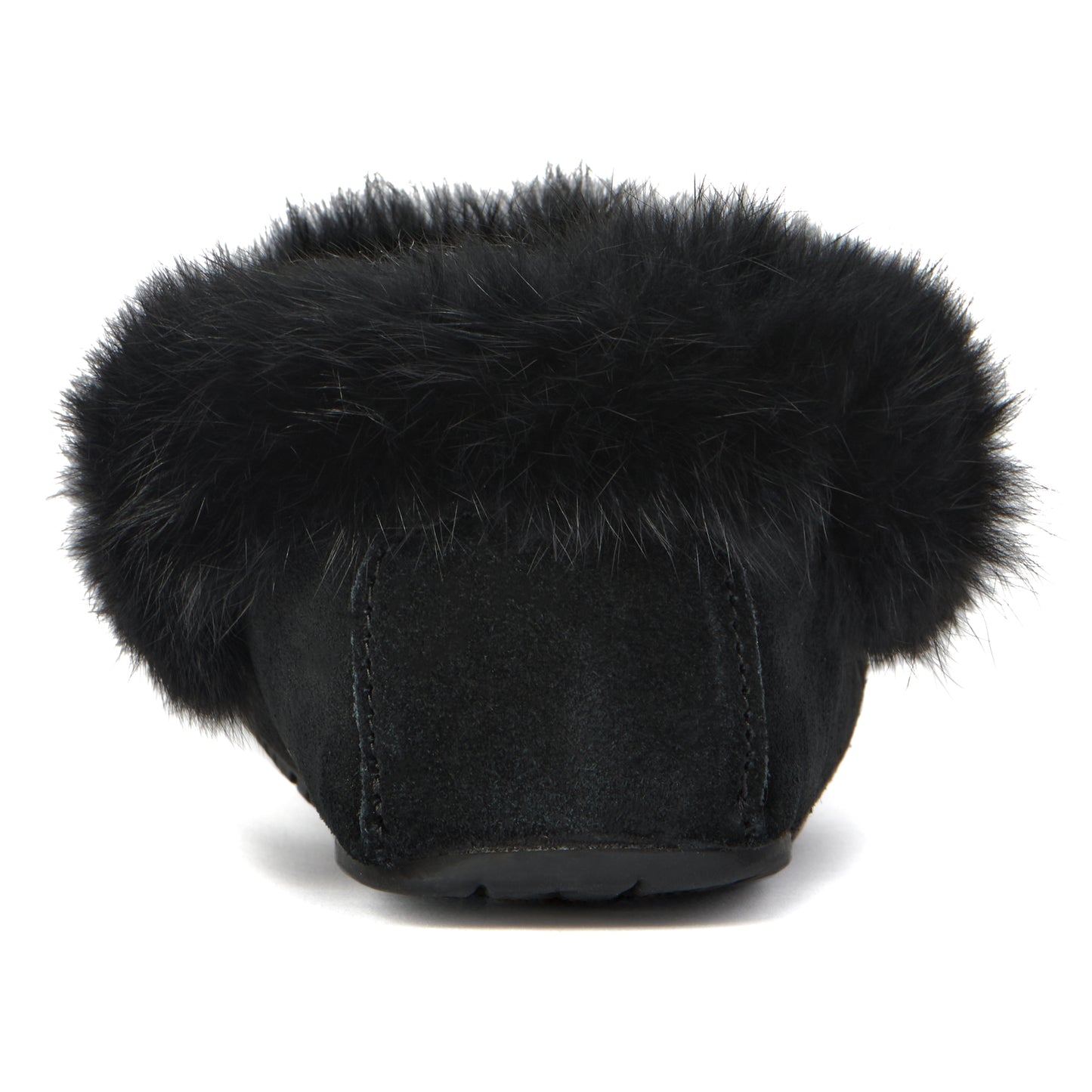 Black furry slipper, rear view.