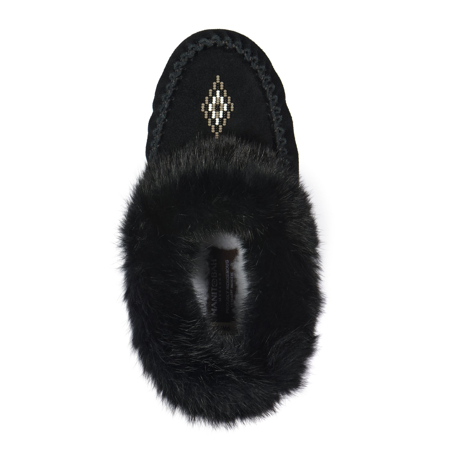 Black suede slipper with fur trim and beaded design on the toe.