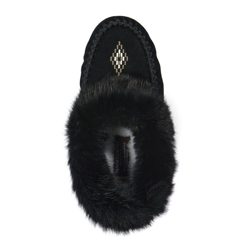Black suede slipper with fur trim and beaded design on the toe.