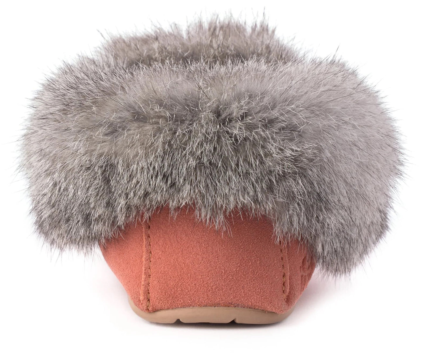 Orange suede slipper with gray fur trim.