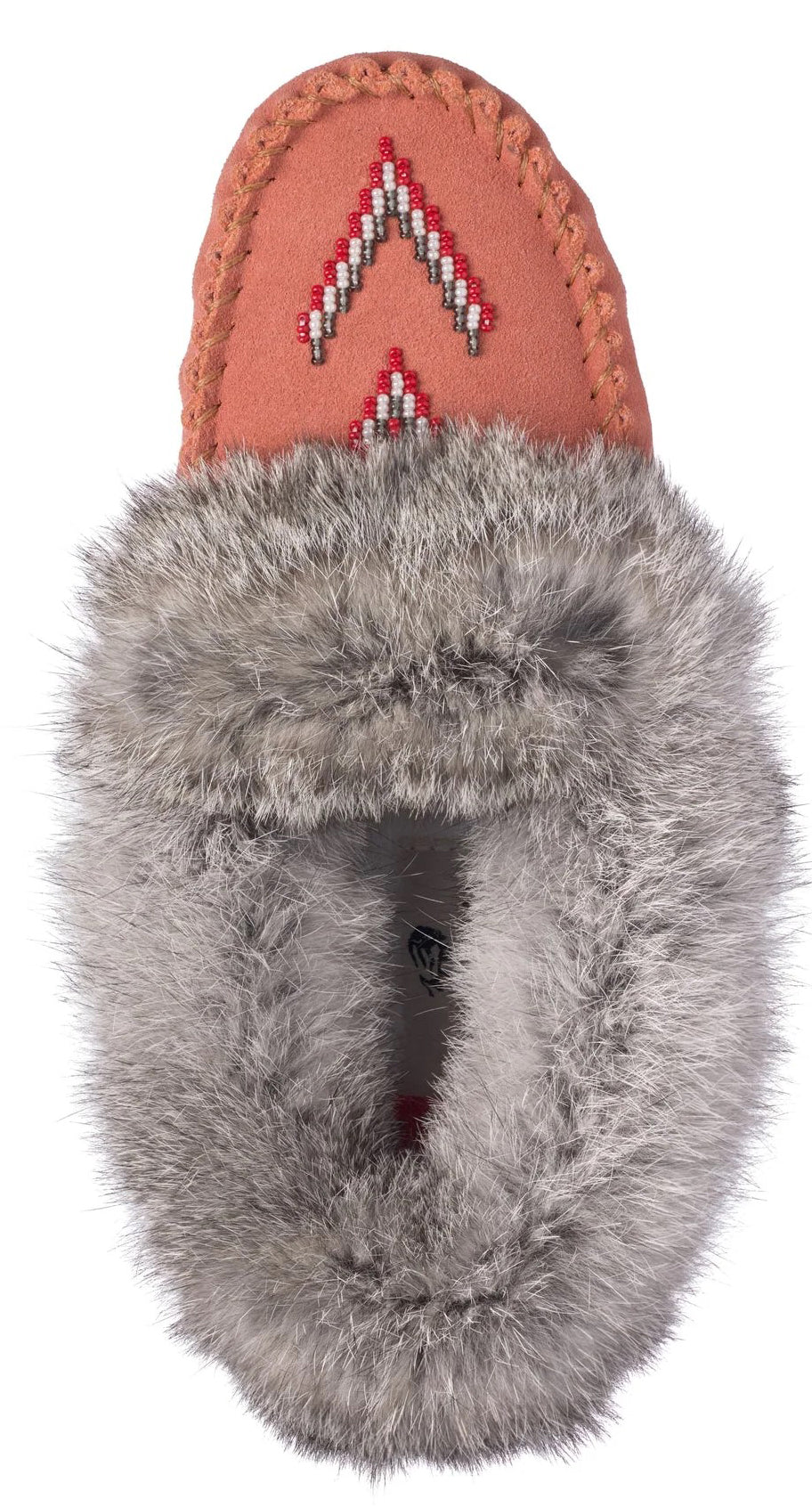Top view of moccasin-style slipper with gray faux fur trim and peach suede top with beaded arrow design.