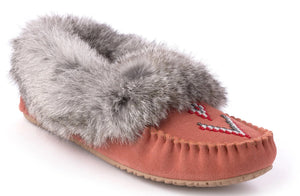 Moccasin slipper with fur trim and beaded arrow design.