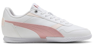 A white sneaker with pink stripes.