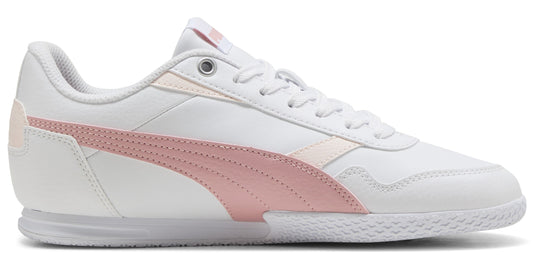A white sneaker with pink stripes.