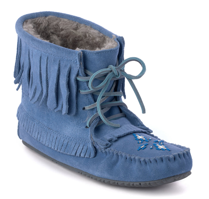 Blue moccasin boot with fringe and beadwork.