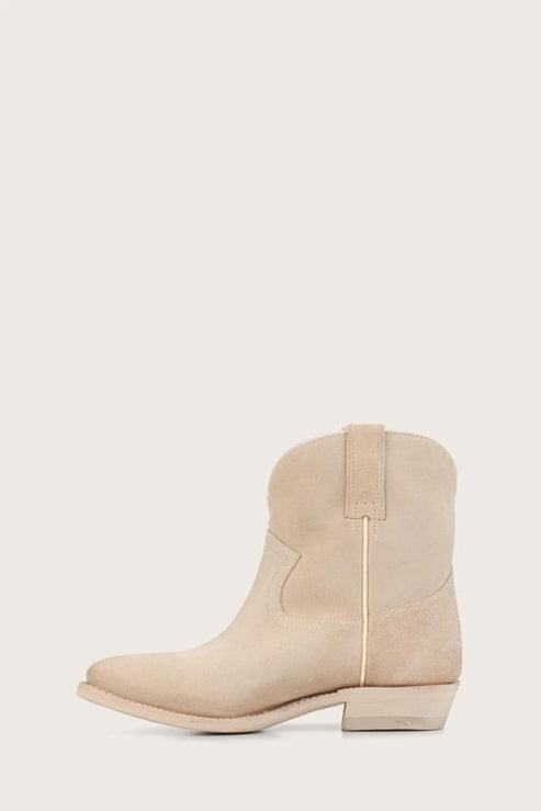 Tan suede ankle cowboy boot with pointed toe and low heel.