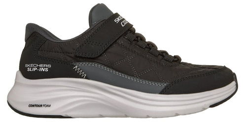 Side view of a gray slip-on sneaker with a thick white sole, elastic laces and "SKECHERS SLIP-INS" printed on the side.