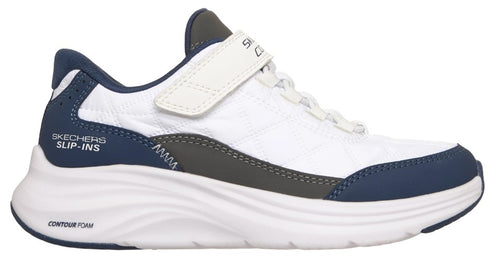 A white and blue athletic shoe with a hook-and-loop fastener, with 'SLIP-INS' visible on the side.